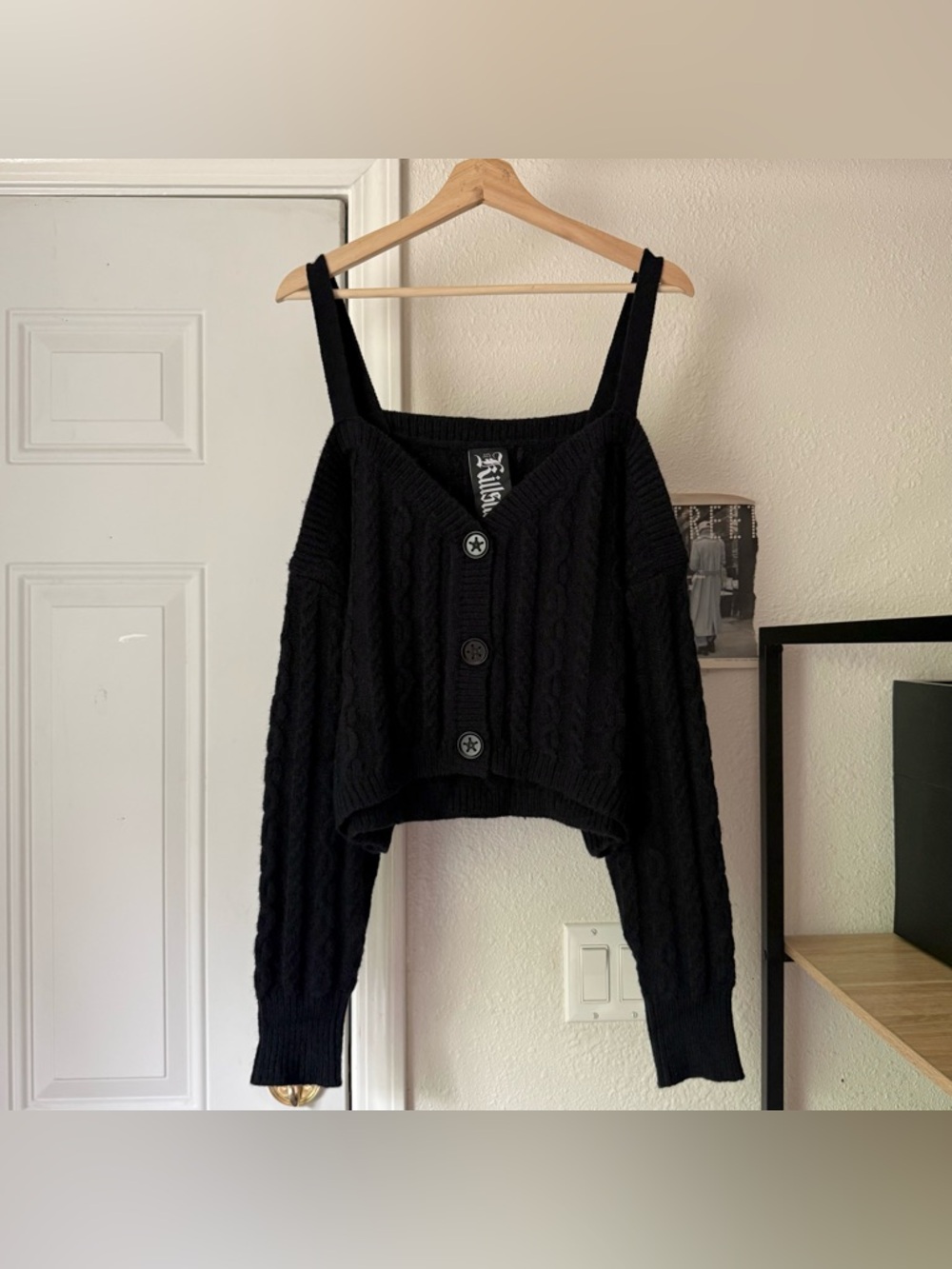 KILLSTAR black cable knit chunky button up off shoulder cropped sweater top